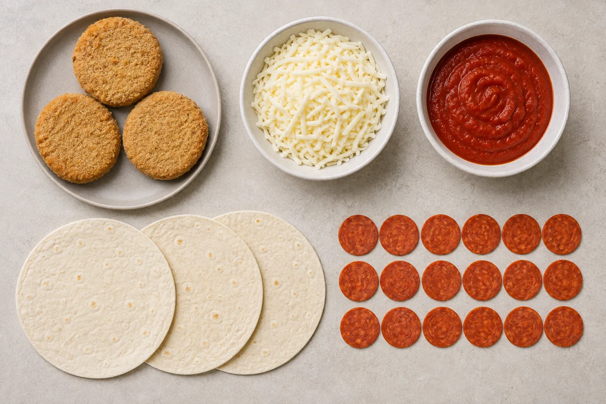 Ingredients for chicken pepperoni pizza melts including three chicken patties, mozzarella, pizza sauce, pepperoni, and tortillas
