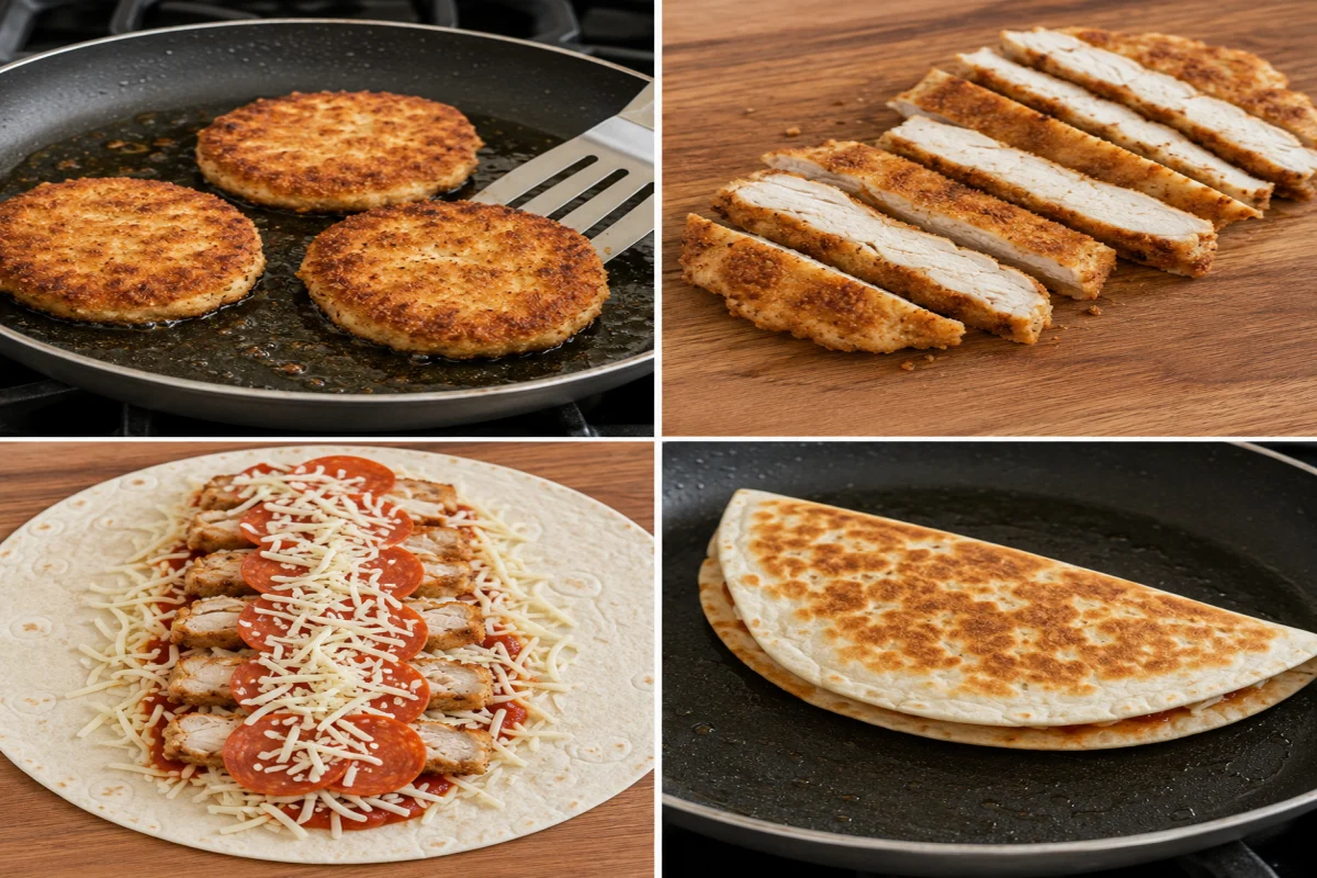 Four stages showing chicken patties cooked and sliced, pizza filling layered in tortillas, and wraps toasted until crisp