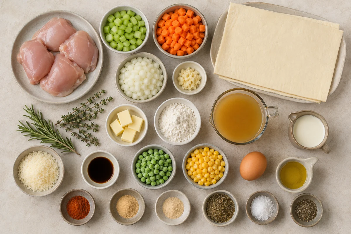 Ingredients for chicken pot pie including chicken thighs, puff pastry, carrots, celery, peas, corn, stock, cream, Parmesan, herbs, and seasonings