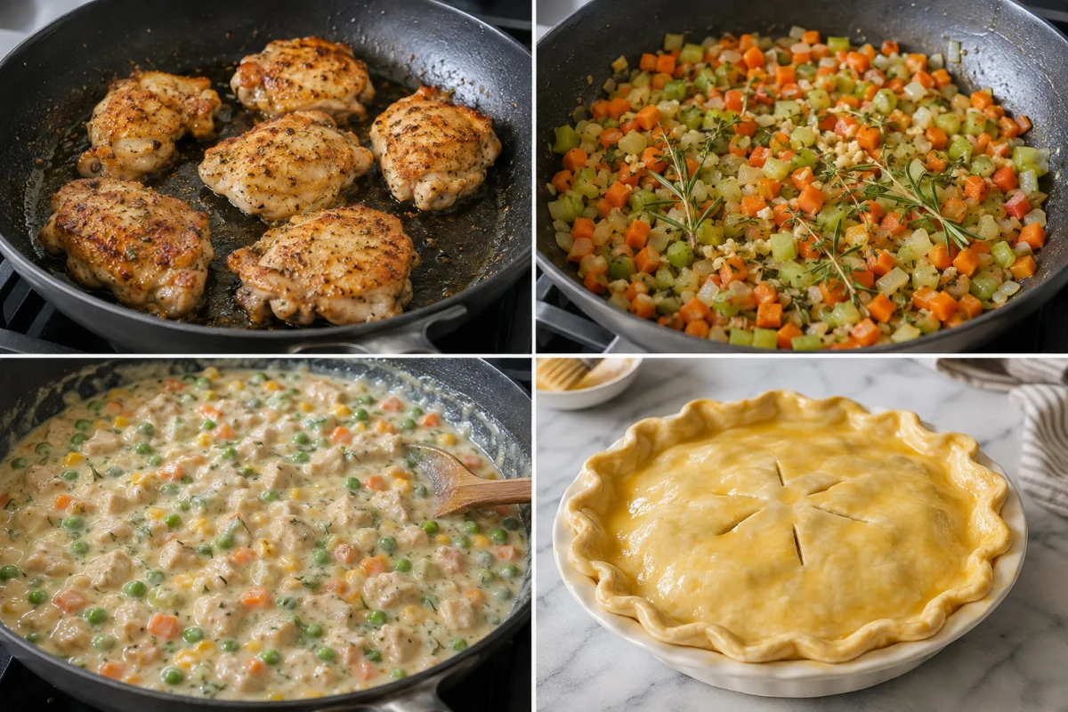 Four stages showing chicken thighs browned, vegetables sautéed, creamy chicken filling prepared, and puff pastry pie assembled with egg wash