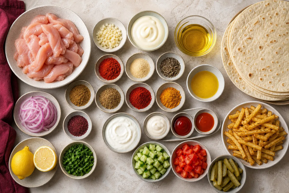 Ingredients for chicken shawarma wraps with chicken, tortillas, spices, lemon, garlic, vegetables, pickles, fries, mayonnaise, sour cream, and sumac onions