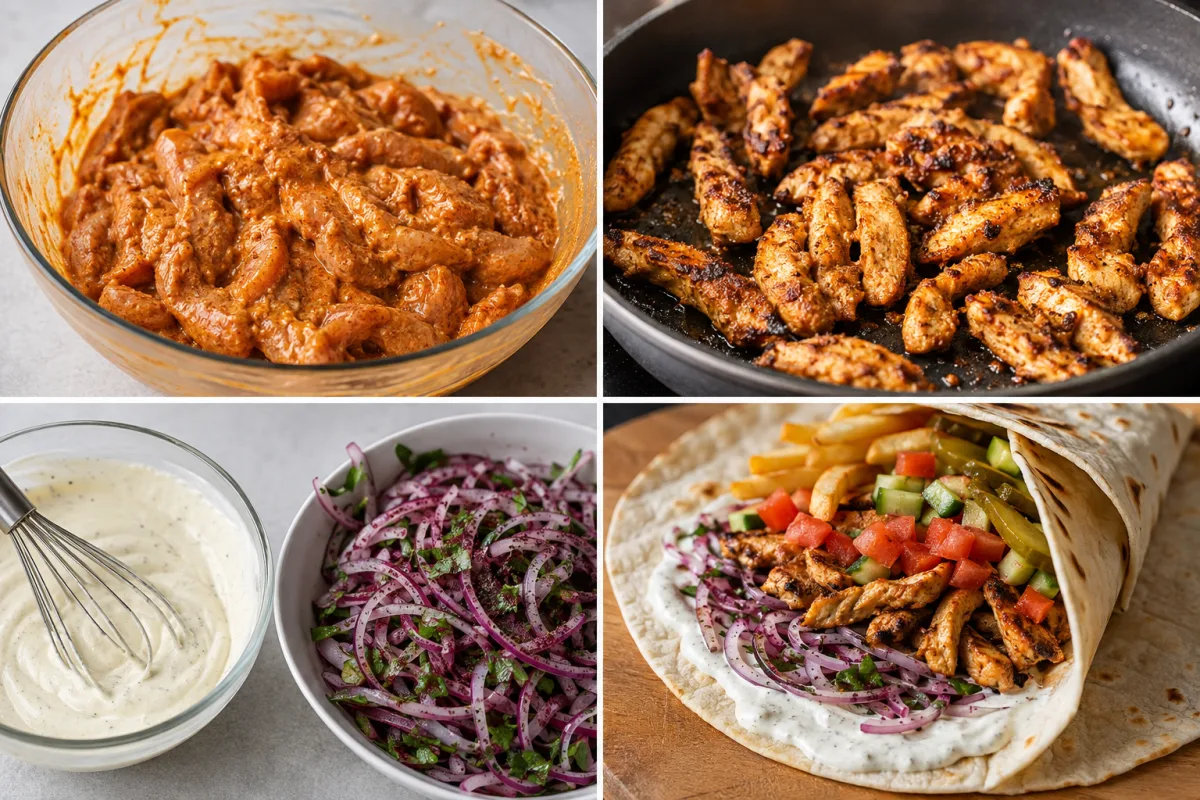Four stages showing seasoned shawarma chicken, chicken cooking in a skillet, garlic sauce and sumac onions, and a filled chicken shawarma wrap