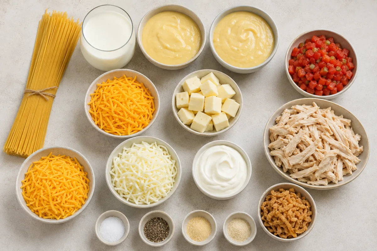 Ingredients for chicken spaghetti with pasta, milk, cream of chicken soup, Rotel, queso blanco, cheddar, mozzarella, sour cream, cooked chicken, fried onions, and seasonings