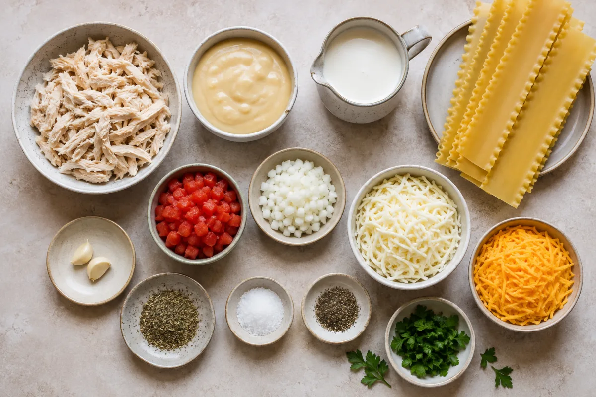 Ingredients for chicken spaghetti lasagna with cooked chicken, cream of chicken soup, cream, tomatoes, onion, garlic, lasagna noodles, mozzarella, cheddar, Italian seasoning, and parsley