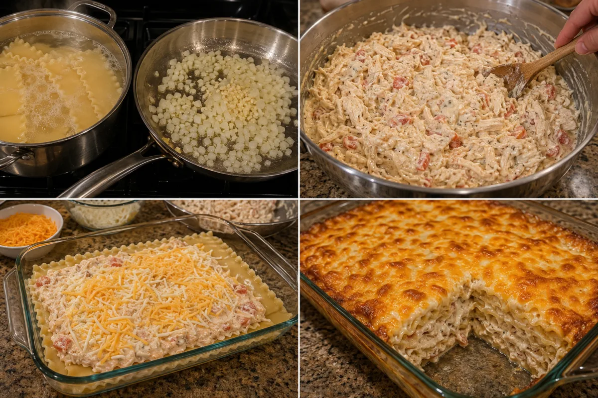 Four stages showing lasagna noodles boiling and onion cooking, creamy chicken filling mixed, noodles chicken mixture and cheese layered in a baking dish, and casserole baked golden