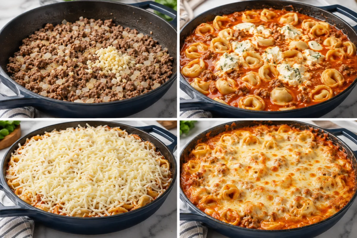 Four stages showing spaghetti cooked, creamy queso sauce stirred, chicken and pasta combined, and casserole baked with cheddar and fried onions