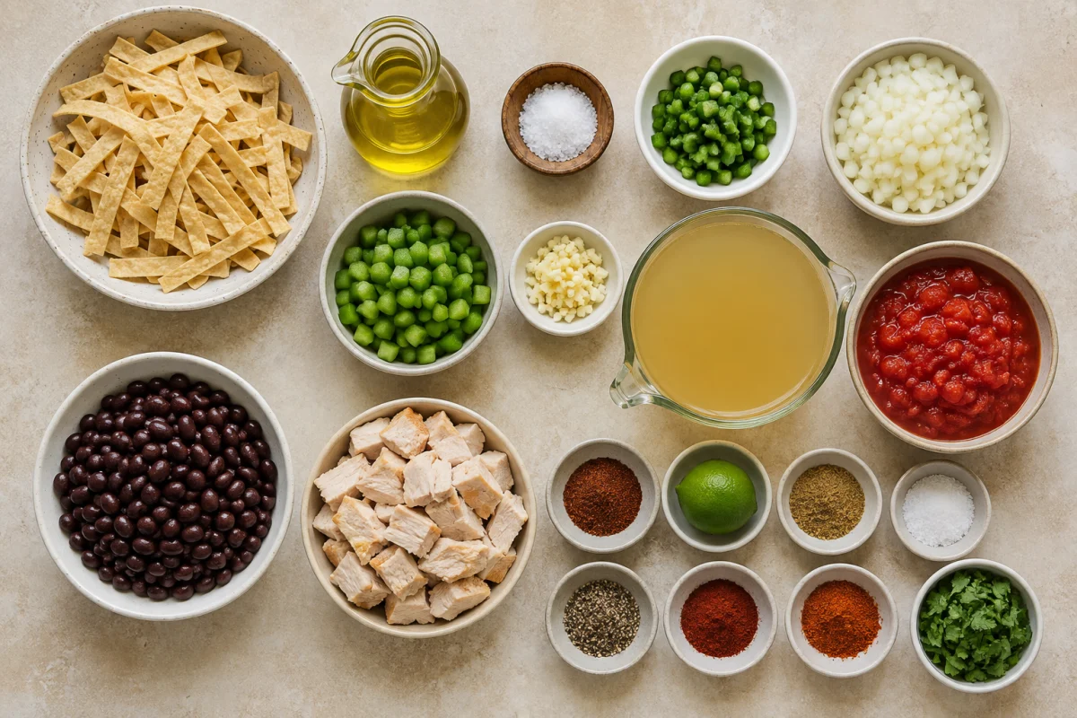 Ingredients for chicken tortilla soup including corn tortillas, cooked chicken, black beans, tomatoes, broth, peppers, lime, cilantro, and spices