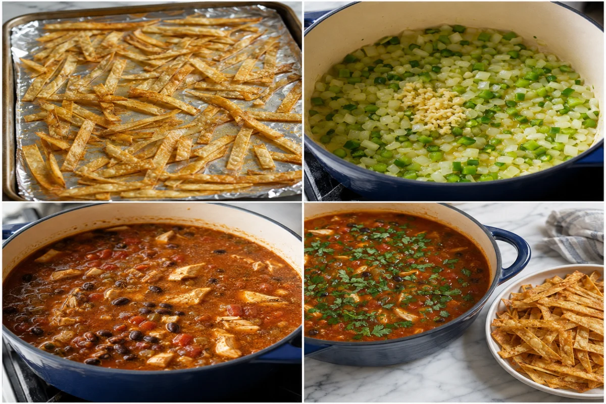 Four stages showing tortilla strips baking, peppers onion and garlic sautéing, chicken tomato and bean soup simmering, and cilantro added before serving