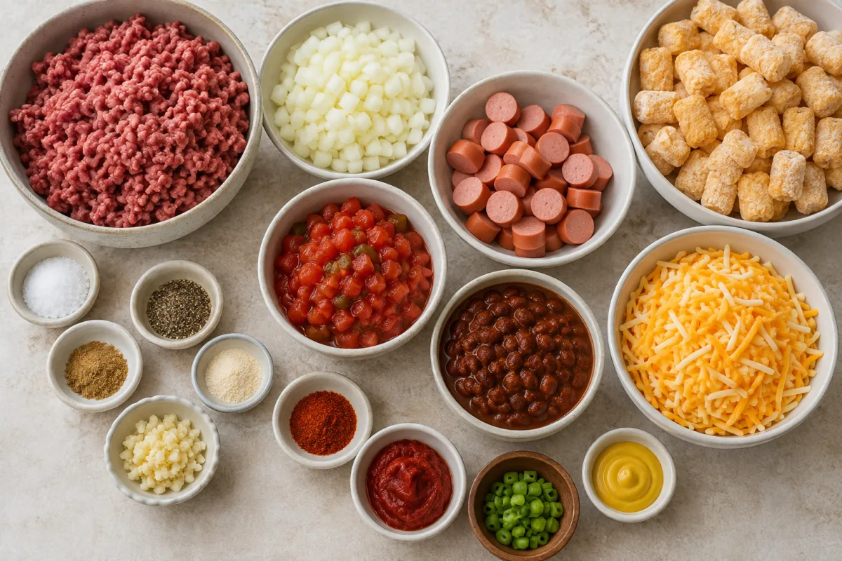 Ingredients for chili cheese dog tater tot casserole including beef, hot dogs, beans, tomatoes, spices, cheese, and potato crowns