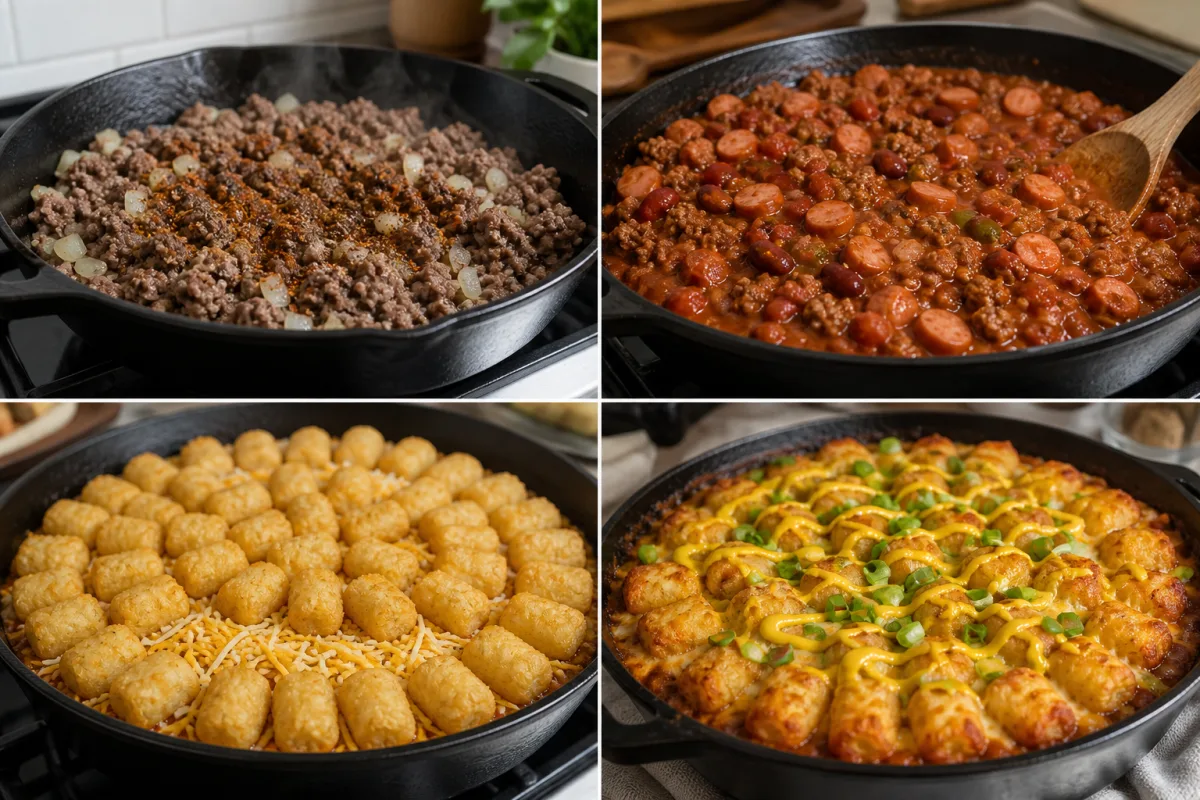 Four stages showing seasoned beef browned, chili simmered, potato crowns arranged over cheese, and the casserole baked