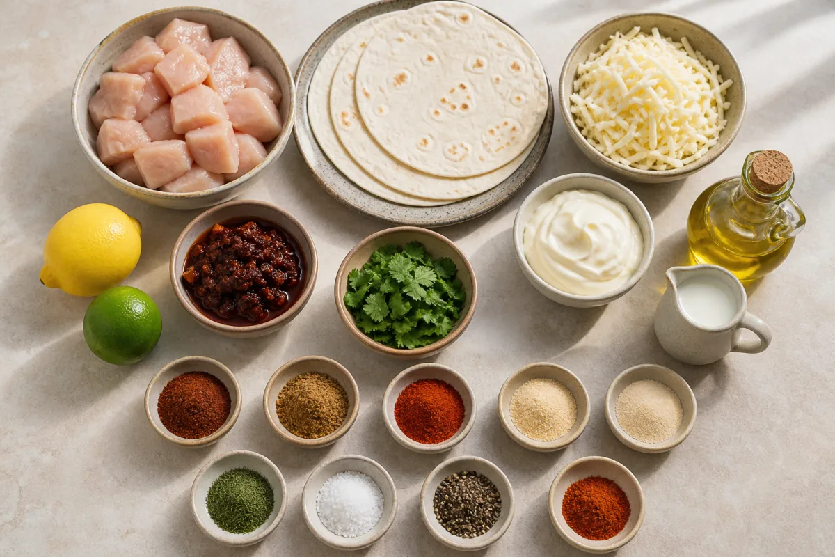 Ingredients for chipotle ranch chicken quesadillas with chicken, tortillas, cheese, mayonnaise, milk, citrus, chipotle peppers, herbs, spices, and olive oil