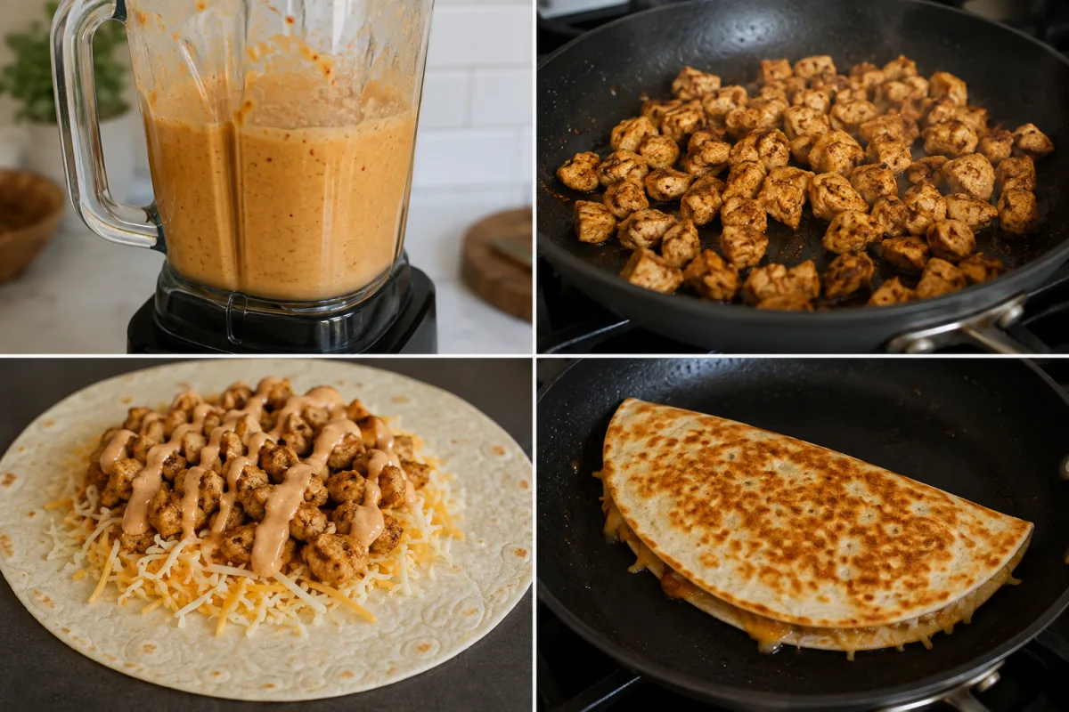Four stages showing chipotle ranch blended, seasoned chicken browned, a quesadilla filled with chicken and cheese, and the folded tortilla crisped in a skillet