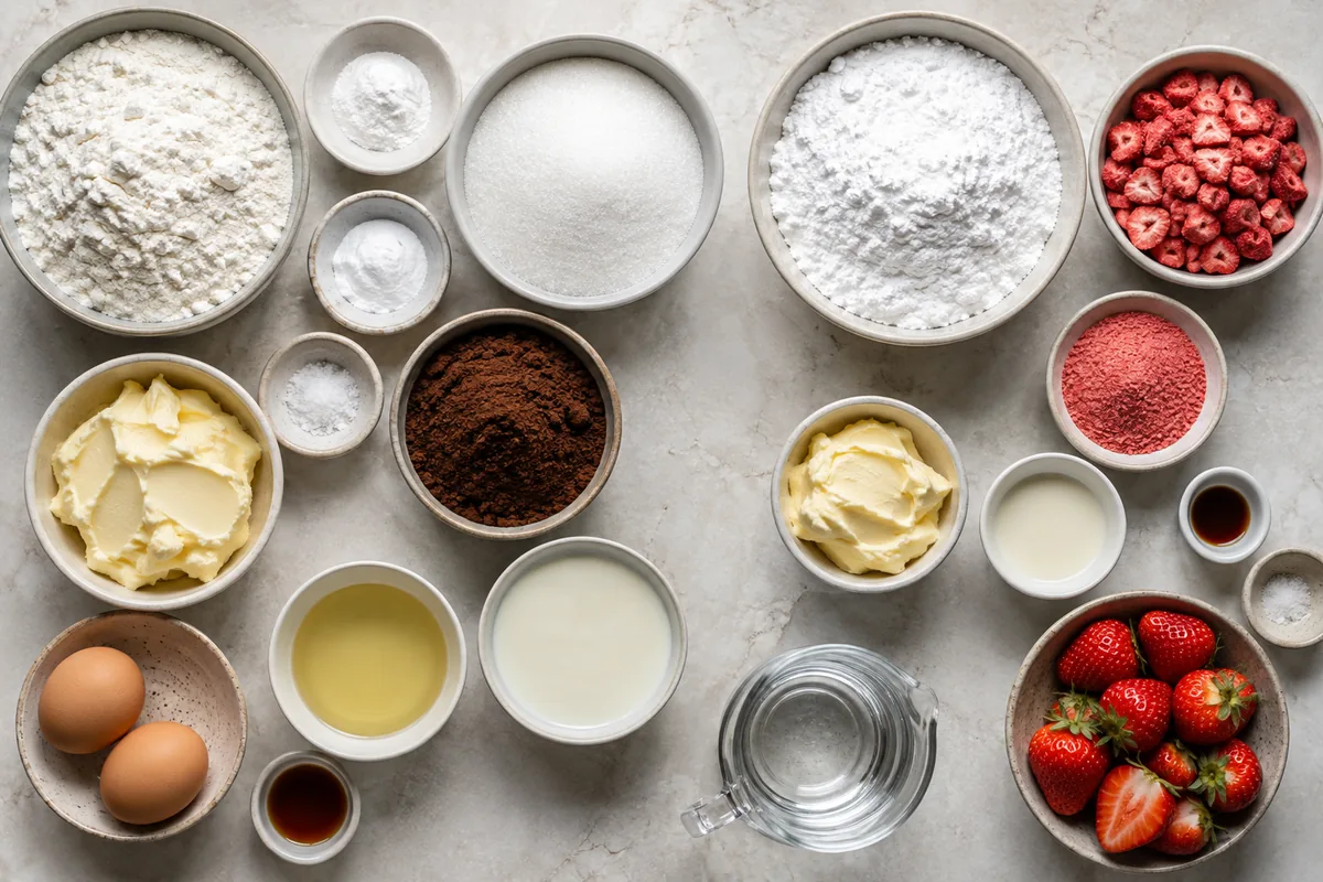 Ingredients for chocolate layer cake and strawberry buttercream with flour, cocoa, sugar, butter, oil, buttermilk, eggs, cream cheese-free buttercream ingredients, freeze-dried strawberries, and fresh berries