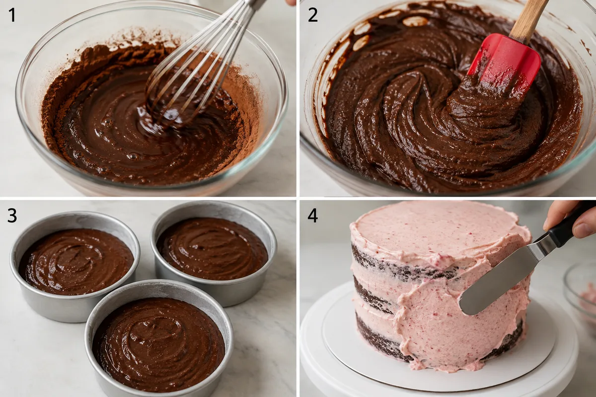 Four stages of chocolate strawberry cake showing bloomed cocoa, chocolate batter, batter divided between pans, and strawberry buttercream applied to stacked layers