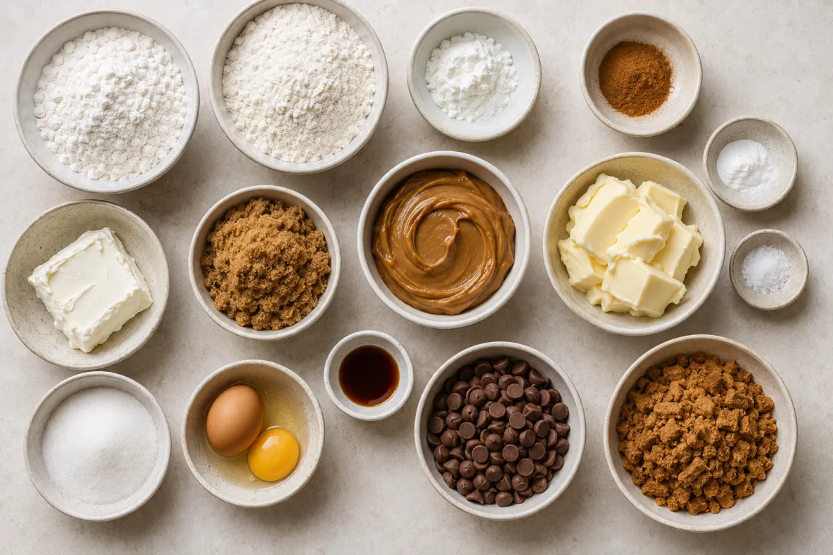 Ingredients for cookie butter chocolate chip cookies including flours, cream cheese, cookie butter, sugars, eggs, chocolate chips, and crushed spice cookies