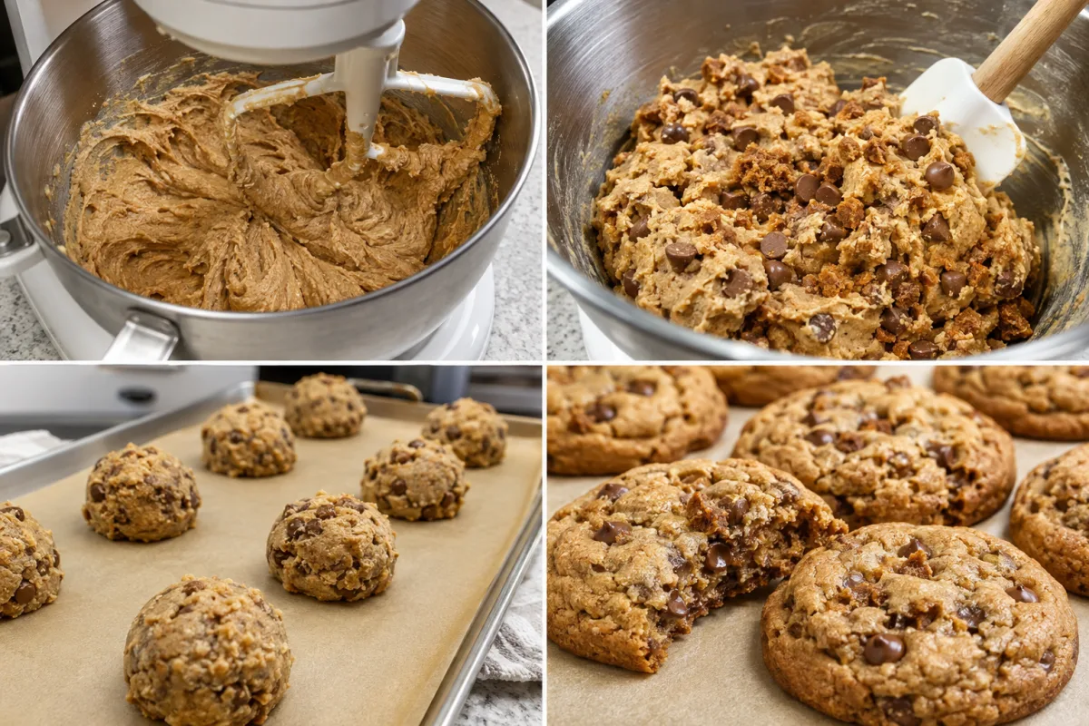 Four stages showing cookie butter mixture creamed, chocolate and spice cookies folded in, dough balls chilled, and thick cookies baked