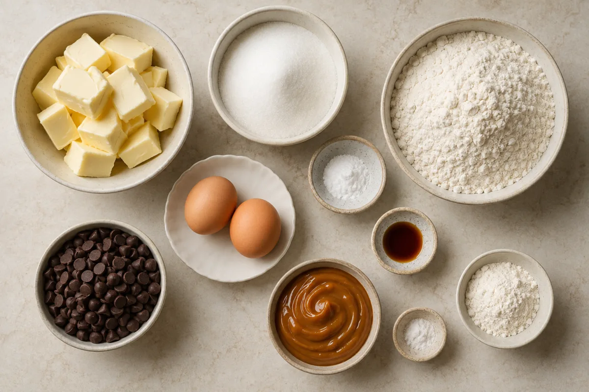 Ingredients for chocolate chip caramel butter bars with butter, sugar, eggs, vanilla, baking soda, cream of tartar, flour, chocolate chips, and caramel sauce