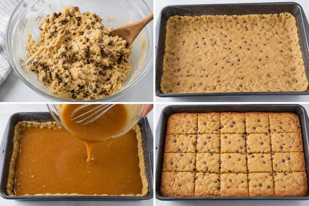 Four stages showing stiff chocolate chip dough mixed, dough pressed in a pan, caramel filling poured, and baked caramel butter bars cut into squares