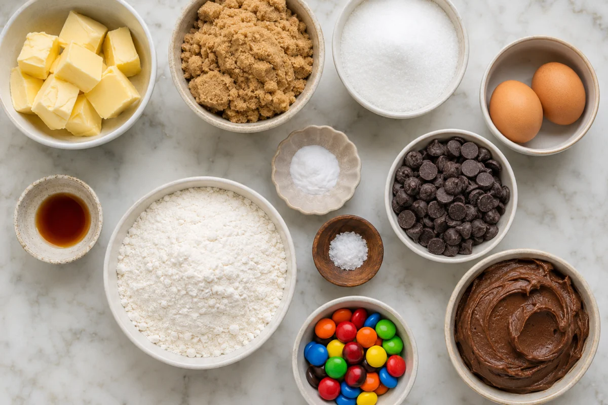 Ingredients for chocolate chip cookie cake including butter, brown and white sugar, eggs, vanilla, flour, baking soda, salt, chocolate chips, candy-coated chocolates, and frosting