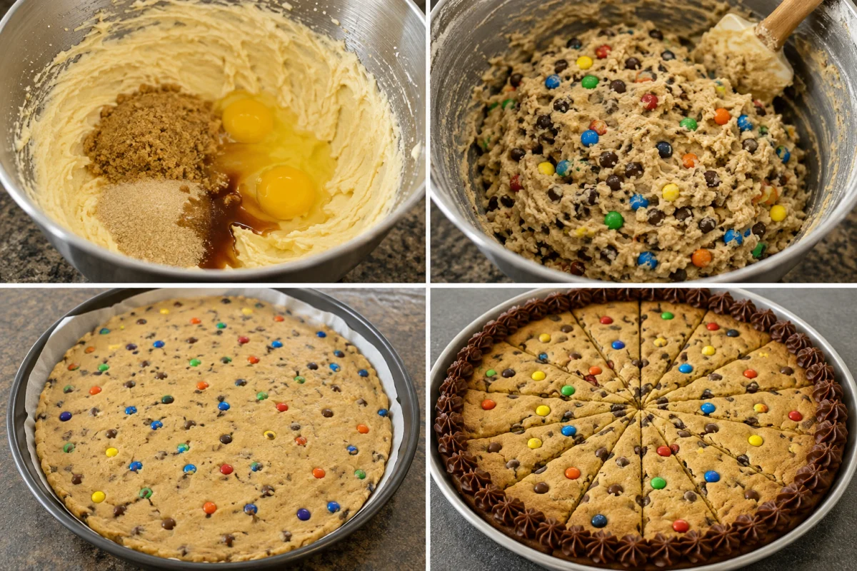 Four stages showing butter and sugar creamed, chocolate and candy folded into dough, dough spread in a round pan, and a baked cookie cake decorated and sliced