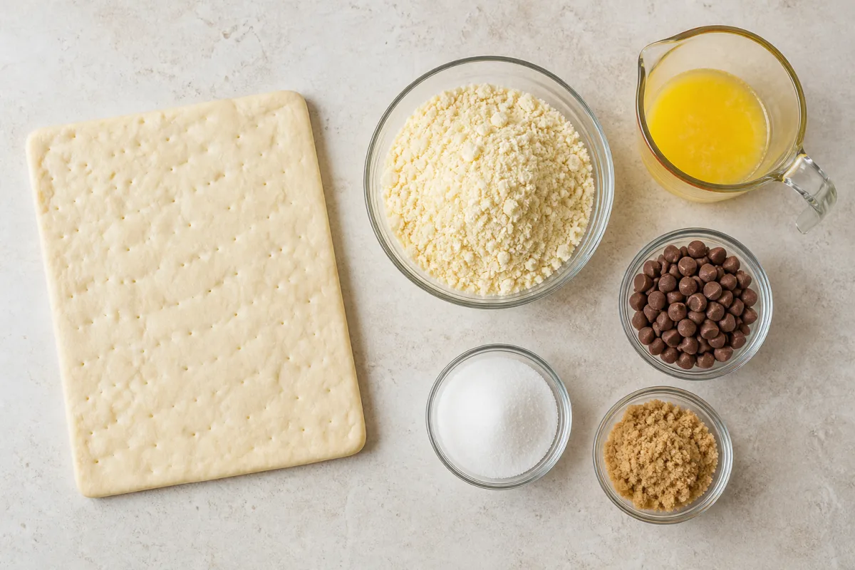 Ingredients for chocolate chip dessert pizza with refrigerated pizza crust, yellow cake mix, melted butter, milk chocolate chips, granulated sugar, and brown sugar