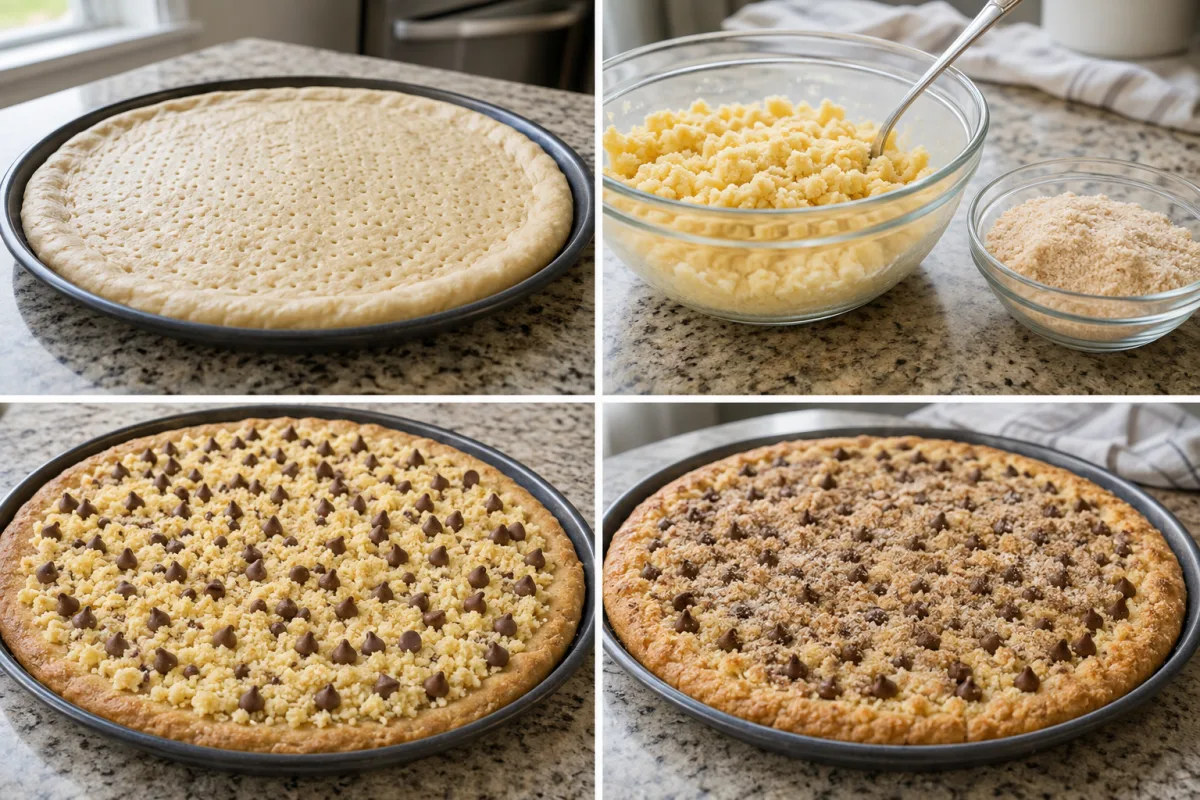 Four stages showing pizza crust docked and prebaked, cake mix combined with butter and sugars mixed, chocolate topping spread on the crust, and dessert pizza baked golden