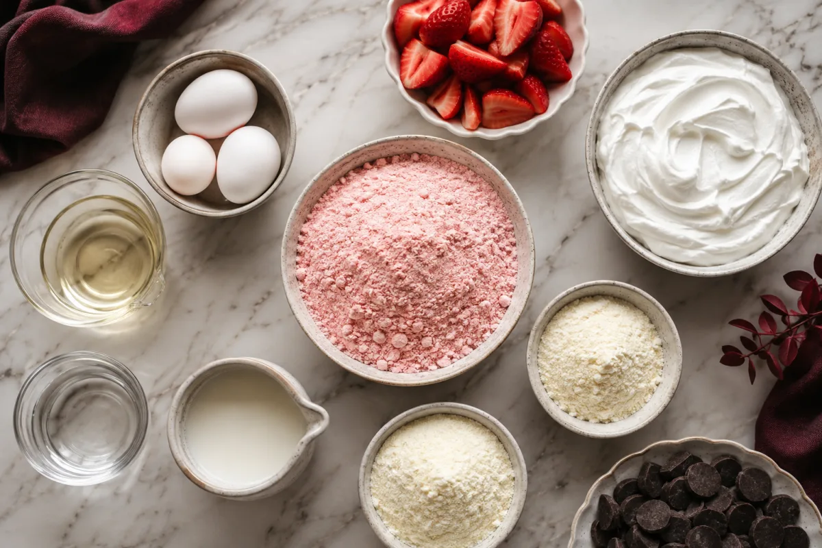 Ingredients for chocolate-covered strawberry poke cake with strawberry cake mix, eggs, oil, milk, white chocolate pudding, whipped topping, strawberries, and melting chocolate