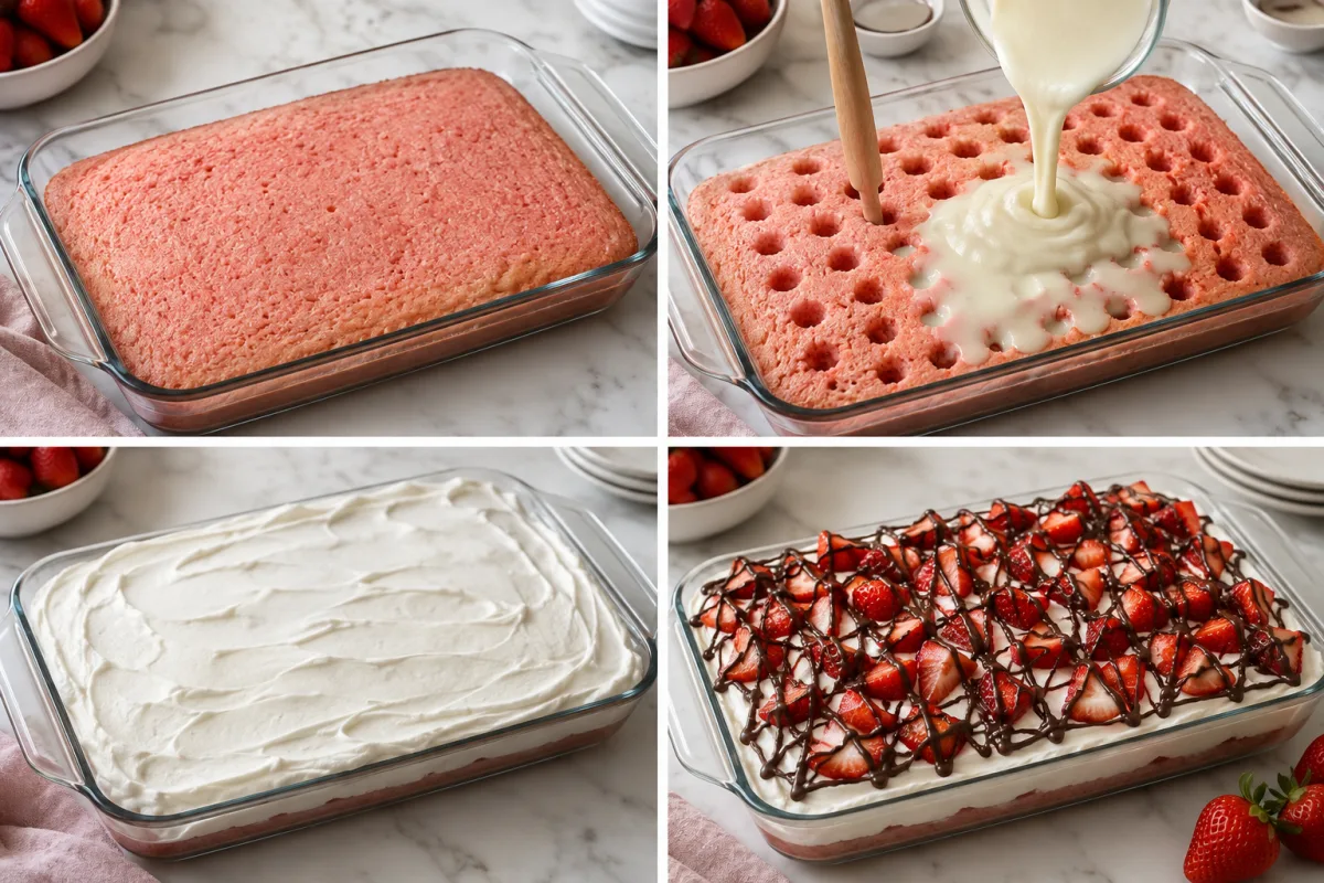 Four stages showing baked strawberry cake being poked, white chocolate pudding poured into holes, whipped topping spread over cake, and strawberries finished with chocolate drizzle