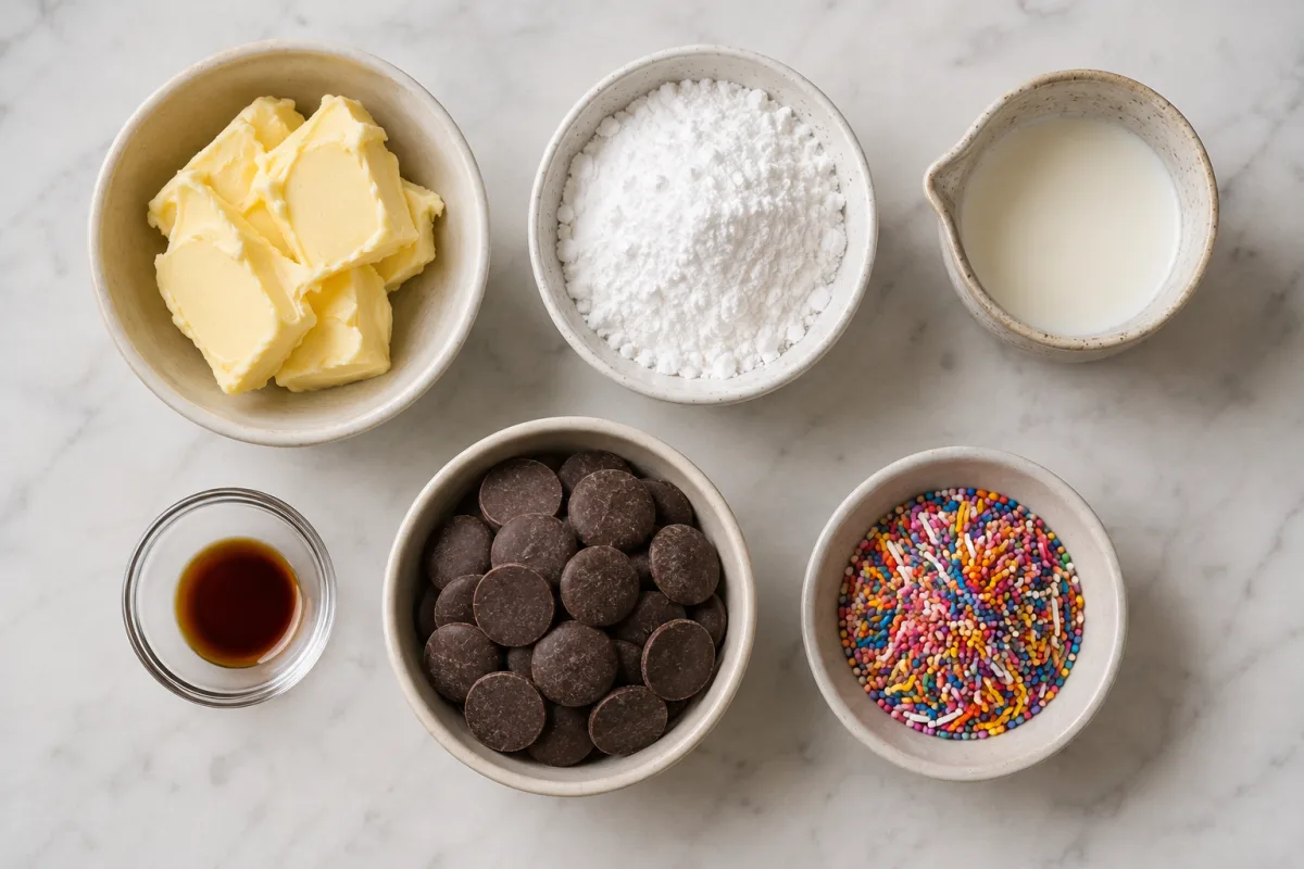 Ingredients for chocolate-dipped buttercream truffles including unsalted butter, vanilla, powdered sugar, milk, chocolate melting wafers, and colorful sprinkles
