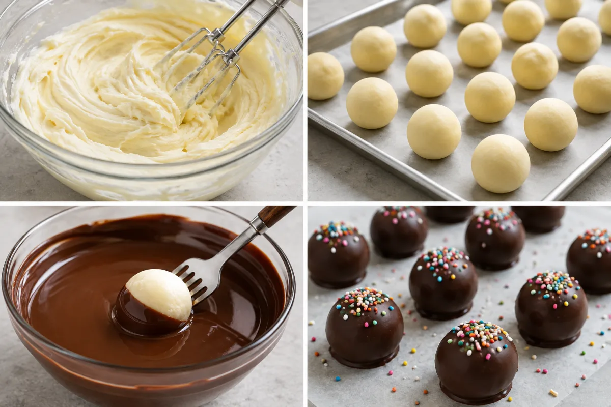 Four stages showing vanilla buttercream mixed, centers rolled into balls, a chilled center dipped in chocolate, and finished truffles topped with sprinkles