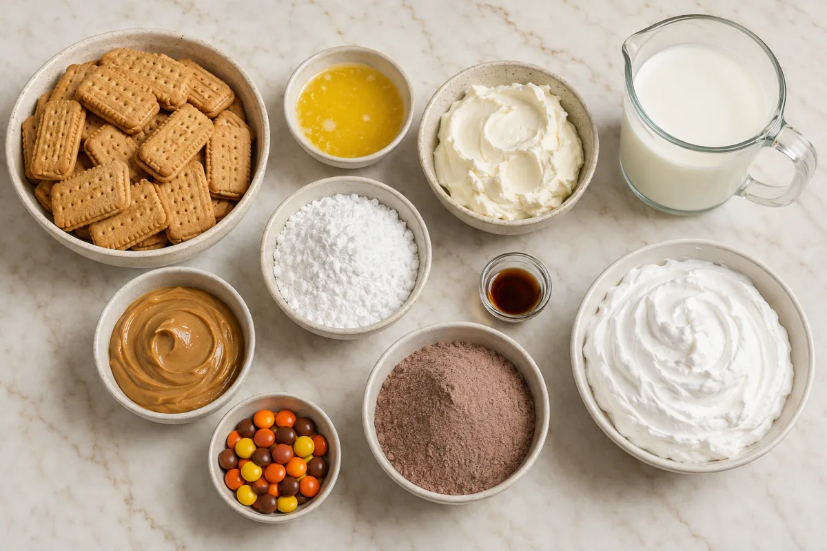 Ingredients for chocolate peanut butter lasagna with peanut butter sandwich cookies, butter, cream cheese, peanut butter, sugar, milk, chocolate pudding, whipped topping, and candy pieces
