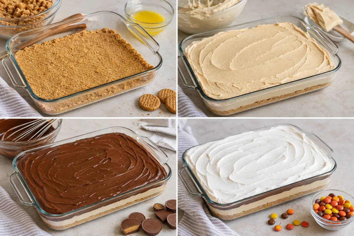 Four stages showing cookie crust, peanut butter cheesecake layer, chocolate pudding layer, and whipped topping on chocolate peanut butter lasagna