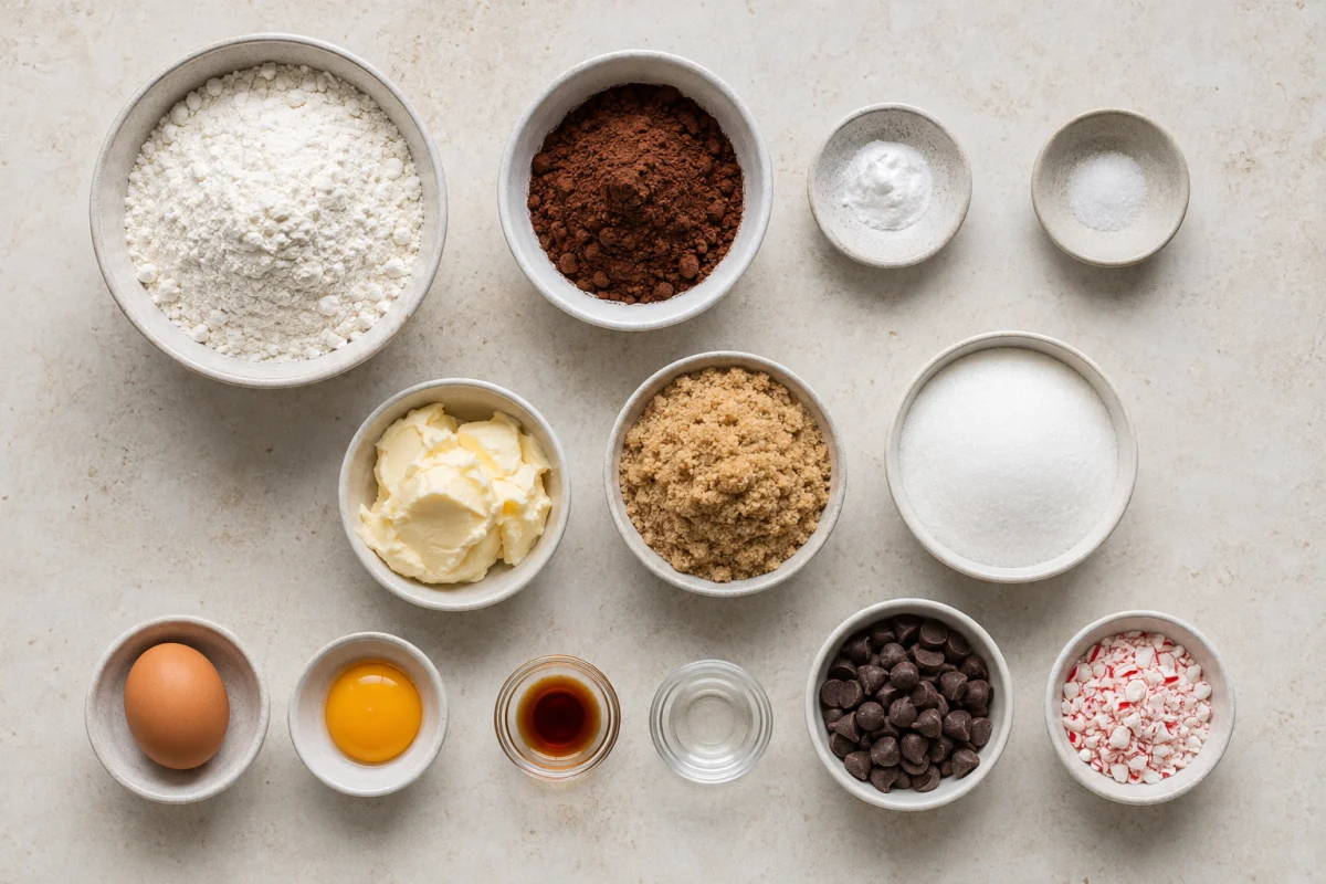 Ingredients for chocolate peppermint cookies including flour, Dutch cocoa, baking soda, salt, butter, two sugars, egg, egg yolk, vanilla, peppermint extract, chocolate chips, and candy cane