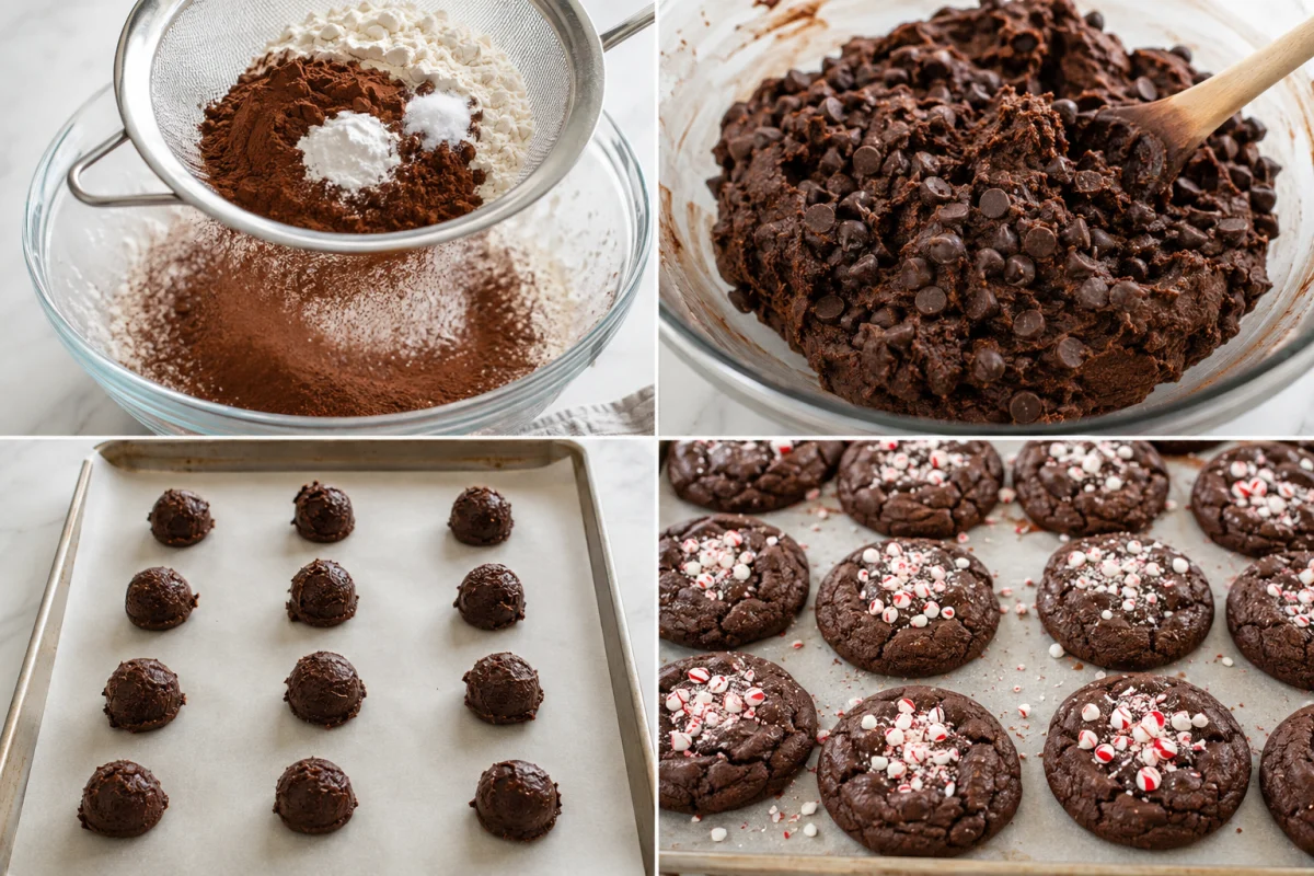 Four stages showing cocoa dry ingredients sifted, chocolate chip cookie dough mixed, dough scooped on parchment, and baked chocolate peppermint cookies topped with candy cane