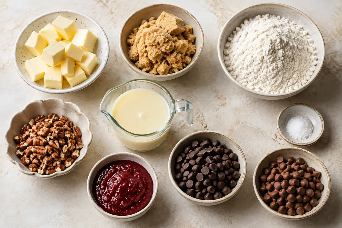 Ingredients for chocolate raspberry crumb bars including butter, brown sugar, flour, salt, pecans, sweetened condensed milk, raspberry preserves, bittersweet chips, and semisweet chips