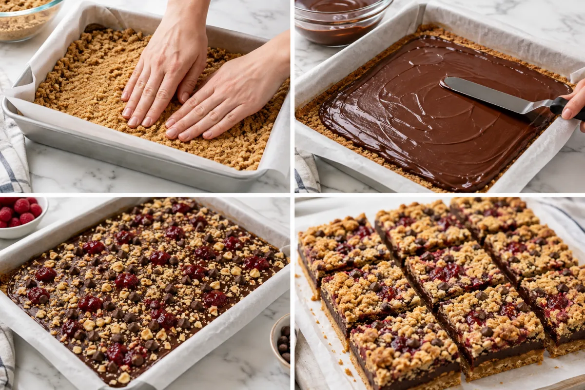 Four stages showing crumb dough pressed into a pan, chocolate filling spread over the crust, raspberry preserves and nut crumble added, and baked bars cut into squares