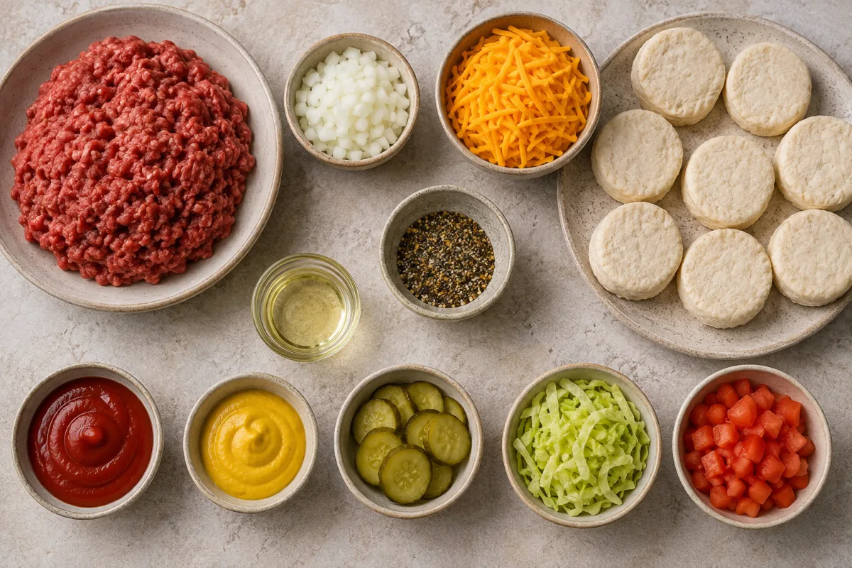 Ingredients for chopped cheeseburger biscuits with eight refrigerated biscuits, ground beef, onion, cheddar, seasoning, oil, and optional burger toppings