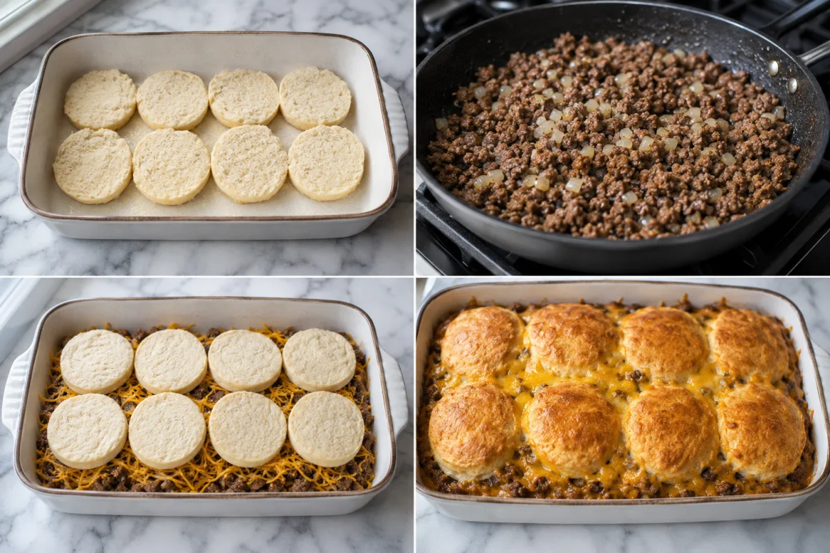 Four stages showing eight biscuits split and prebaked, onion and ground beef browned, beef and cheddar layered under biscuit tops, and the casserole baked golden