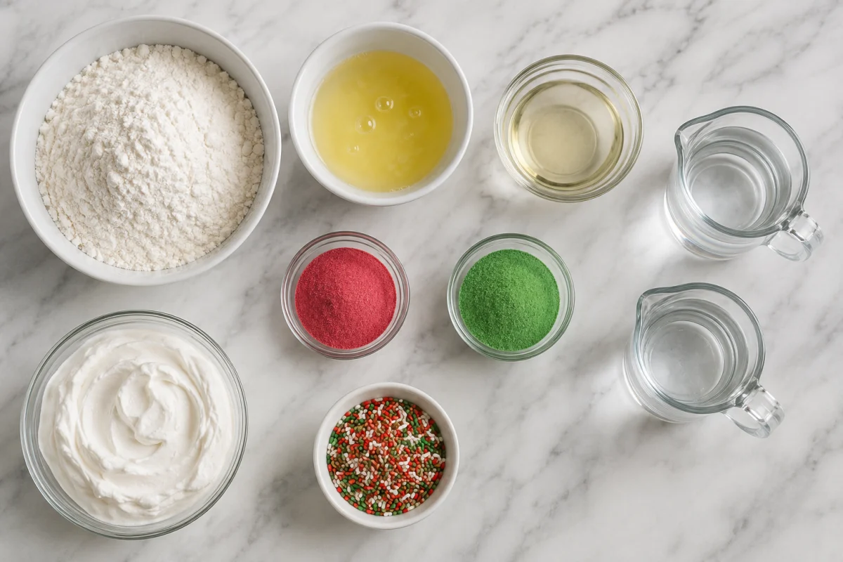 Ingredients for Christmas poke cake including white cake mix, egg whites, oil, red and green gelatin, whipped topping, and sprinkles