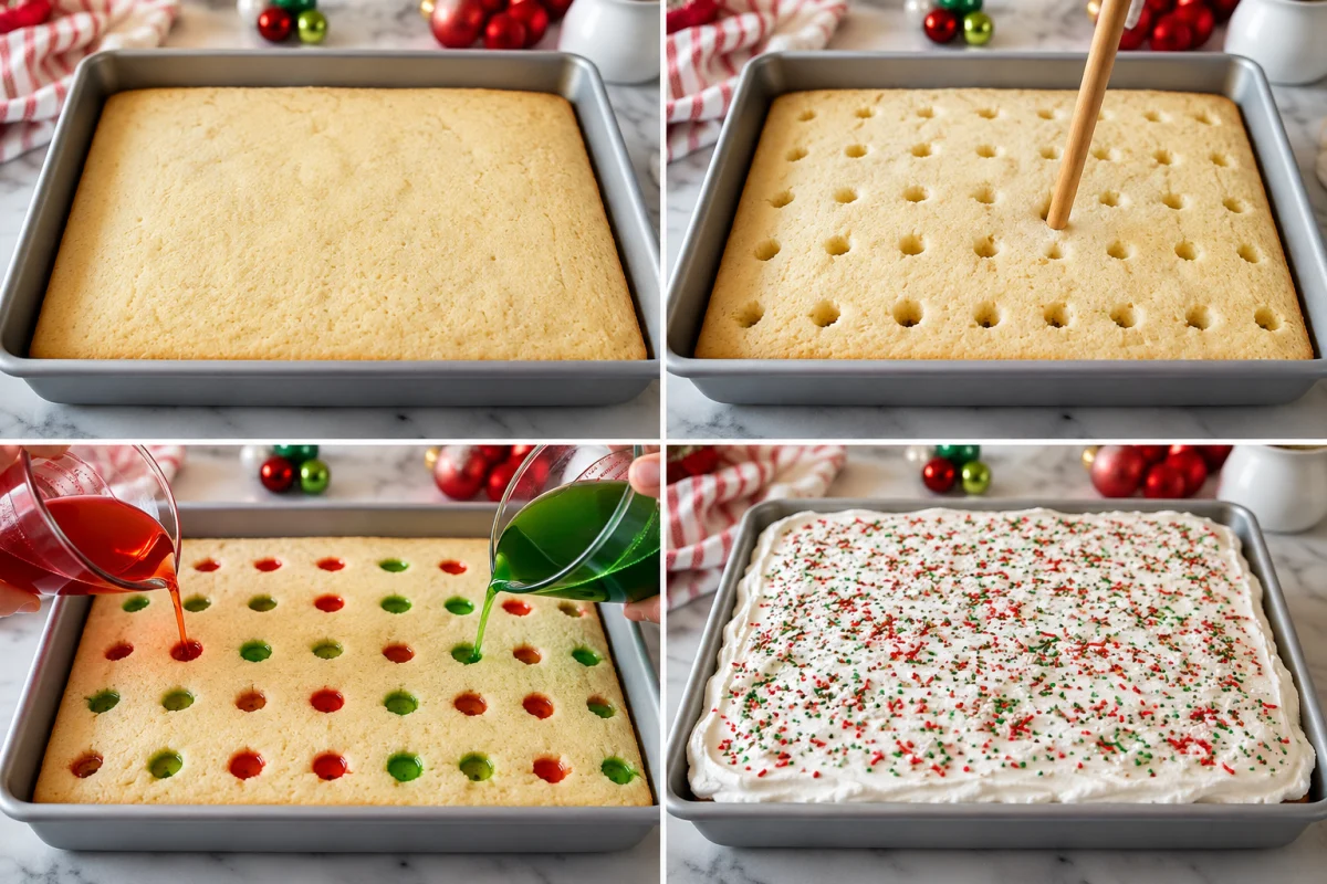 Four stages showing a baked white cake, holes poked in the crumb, red and green gelatin added, and whipped topping spread over the cake