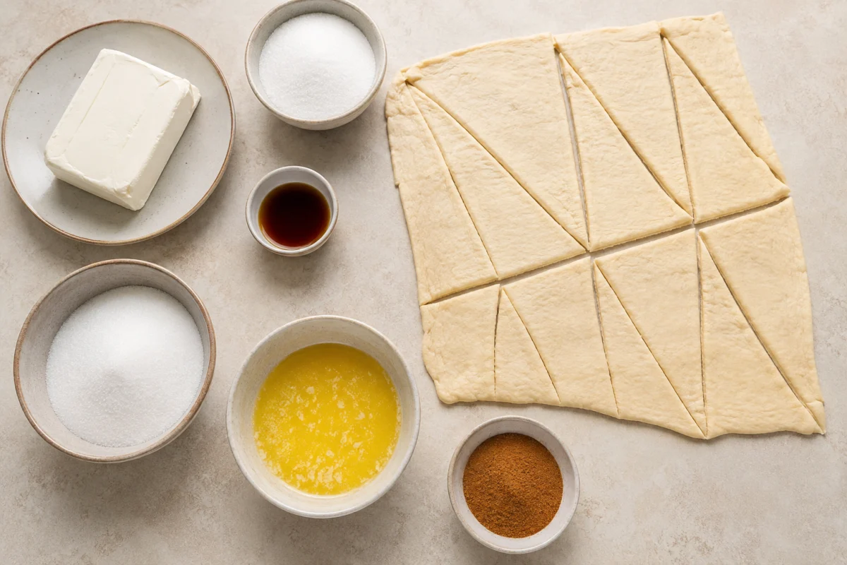 Ingredients for cinnamon sugar cream cheese rolls including crescent dough, cream cheese, sugar, vanilla, butter, and cinnamon