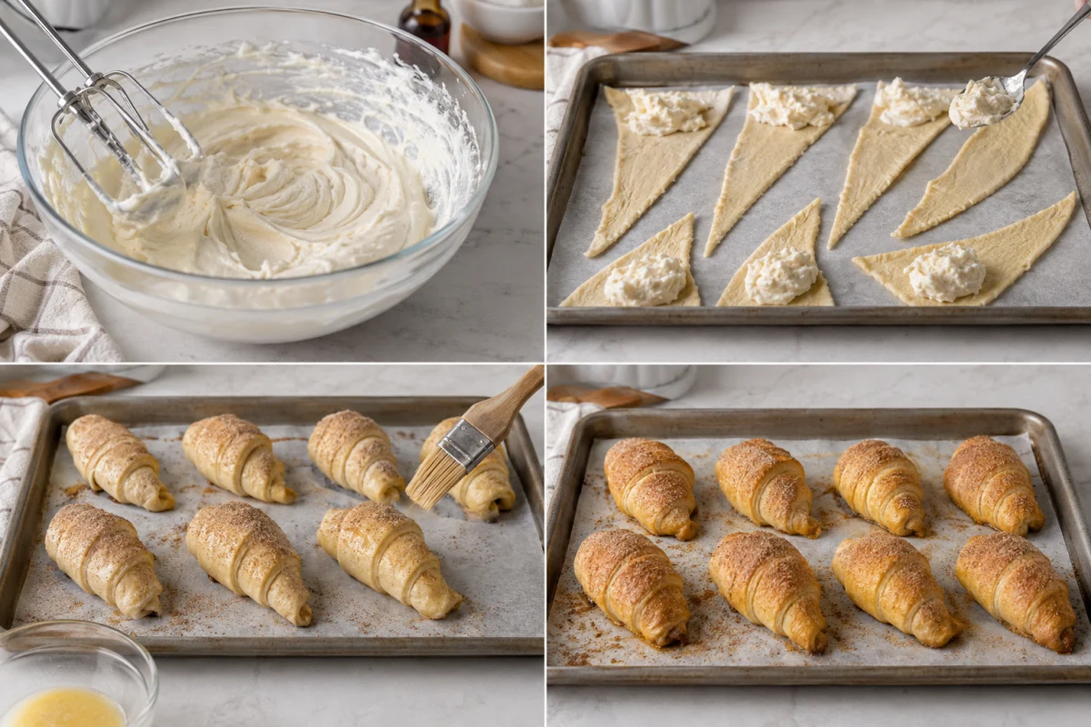 Four stages showing cream cheese filling mixed, crescent triangles filled, rolls coated with butter and cinnamon sugar, and pastries baked golden