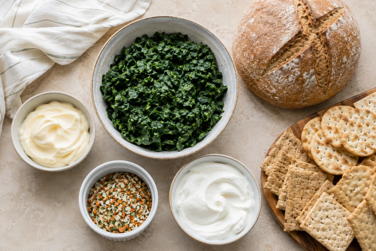 Ingredients for classic spinach dip including drained chopped spinach, dry vegetable recipe mix, mayonnaise, sour cream, round bread loaf, and crackers
