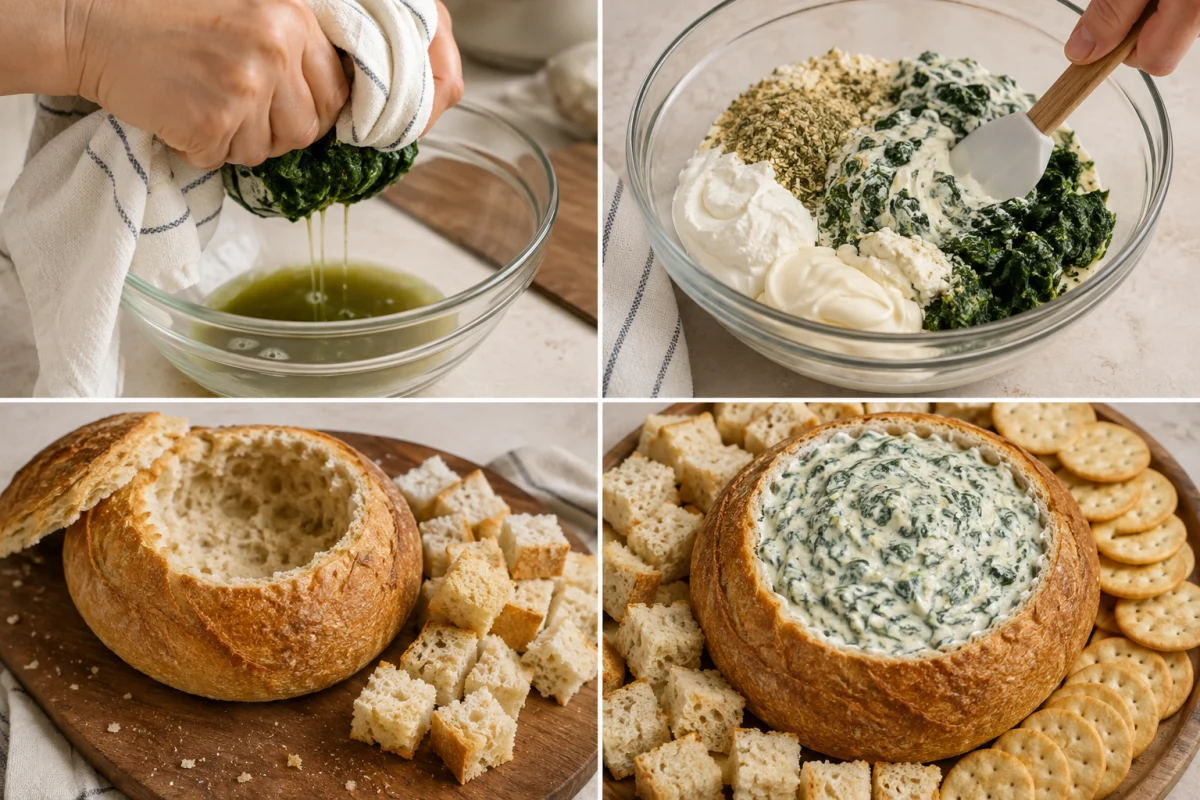 Four stages showing spinach squeezed dry, spinach dip mixed, a round bread loaf hollowed, and chilled dip served in the bread bowl with crackers