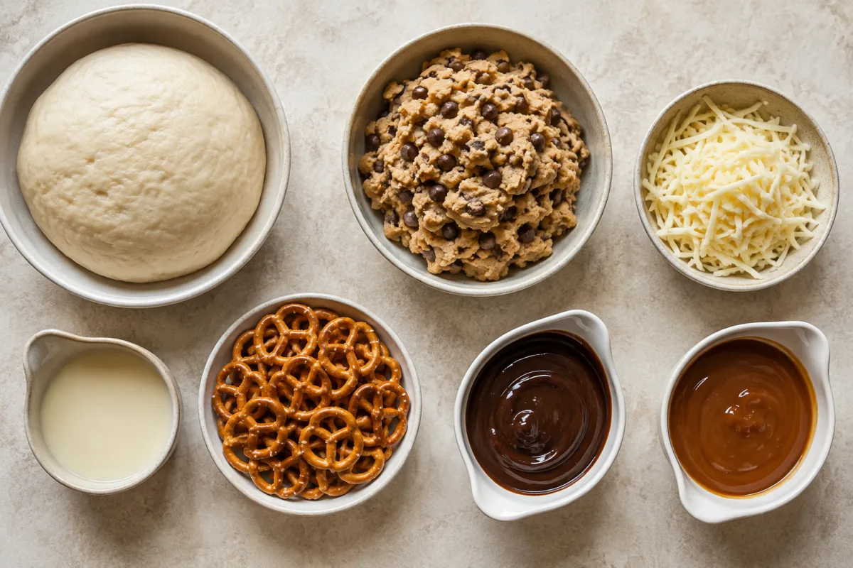 Ingredients for cookie dough stuffed crust dessert pizza including pizza dough, safe edible chocolate chip cookie dough, optional mozzarella, vanilla glaze, salted pretzels, chocolate sauce, and caramel sauce