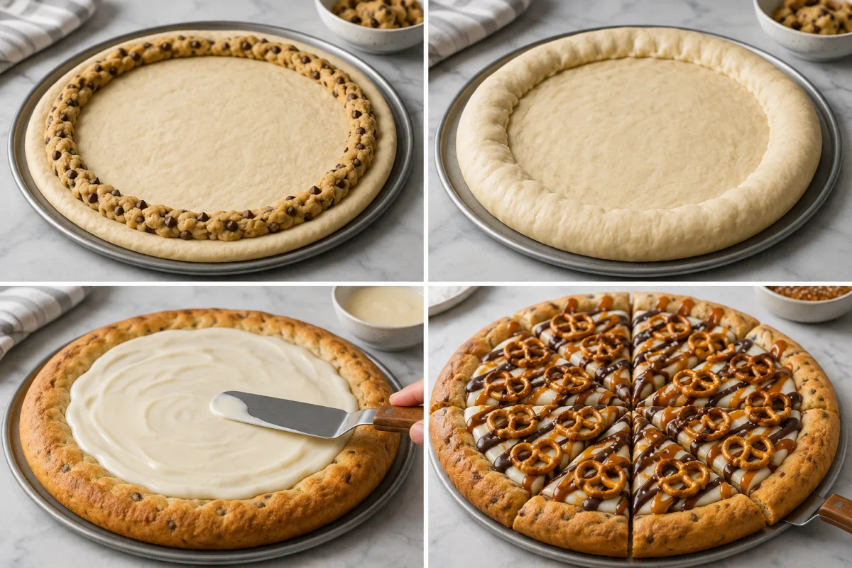 Four stages showing edible cookie dough placed around pizza dough, the edge folded and sealed, baked crust spread with vanilla glaze, and dessert pizza topped with pretzels, chocolate, and caramel