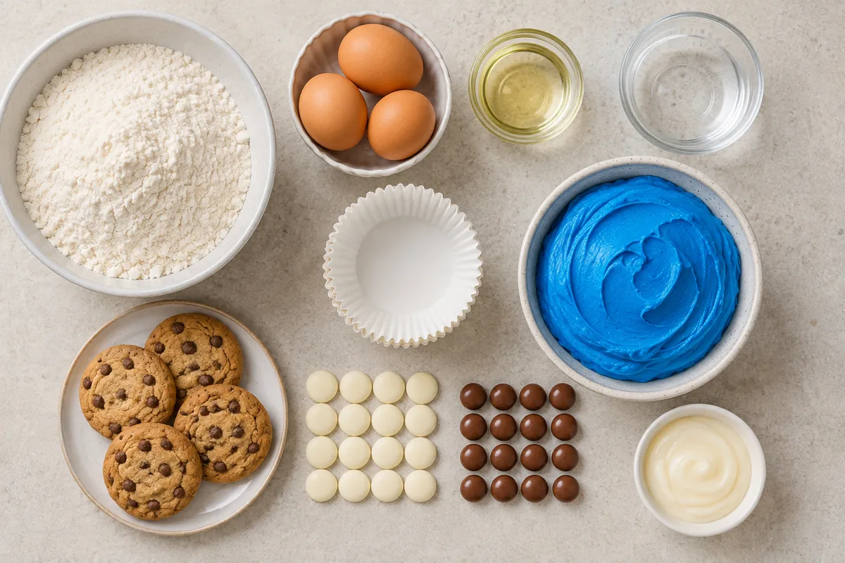 Ingredients for blue monster cupcakes with cake mix, eggs, oil, water, liners, blue frosting, chocolate chip cookies, white candy melts, brown candies, and white icing