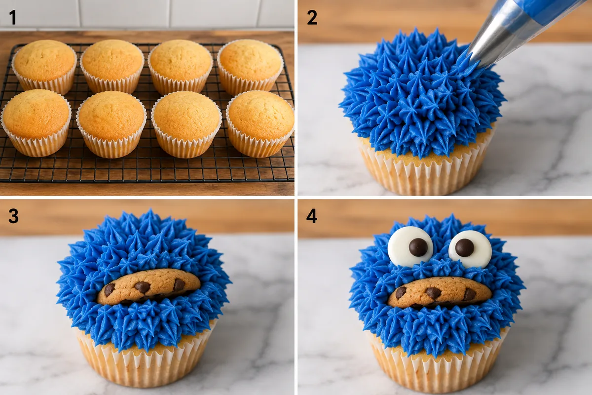Four stages of blue monster cupcakes showing cooled cakes, star-tip blue fur piped, half a cookie inserted as a mouth, and candy eyes attached