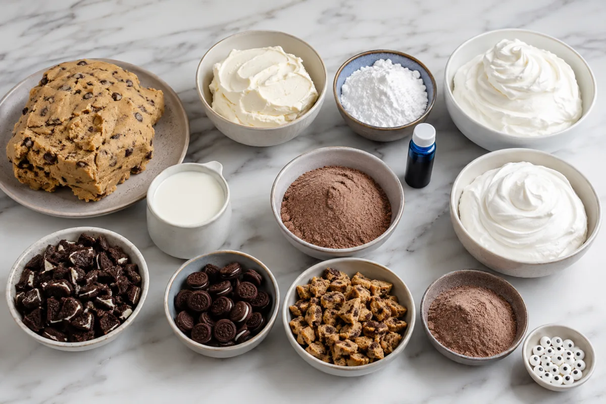 Ingredients for layered cookie dessert including chocolate chip cookie dough, cream cheese, powdered sugar, whipped topping, blue coloring, chocolate pudding, milk, sandwich cookies, mini cookies, and candy eyes