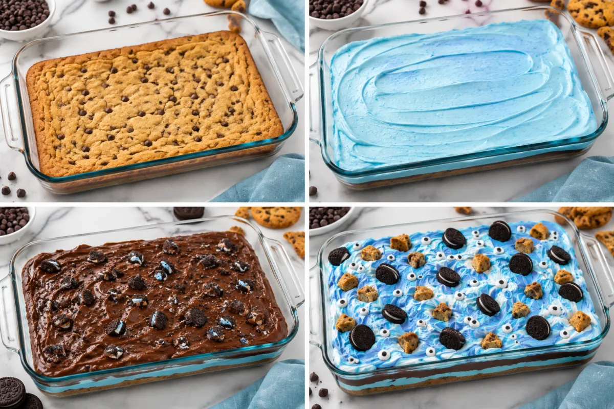 Four stages showing a baked chocolate chip cookie crust, blue cheesecake filling, chocolate pudding layer, and decorated blue cookie dessert